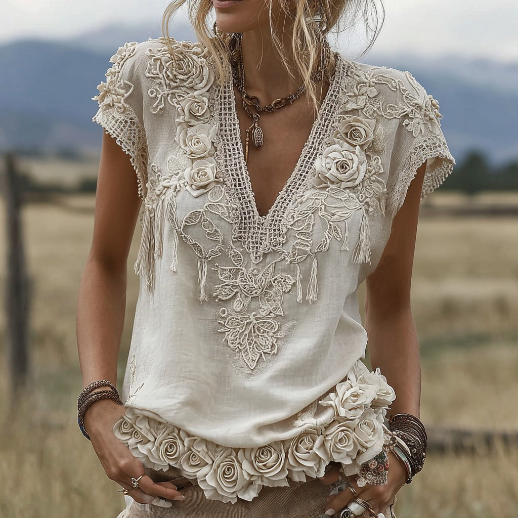 Women's White Rose Embroidery Art V-neck Short Sleeve Linen Blend T-shirt