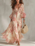 Beige V-neck Floral Print Puff sleeve Flowy Maxi Dress
