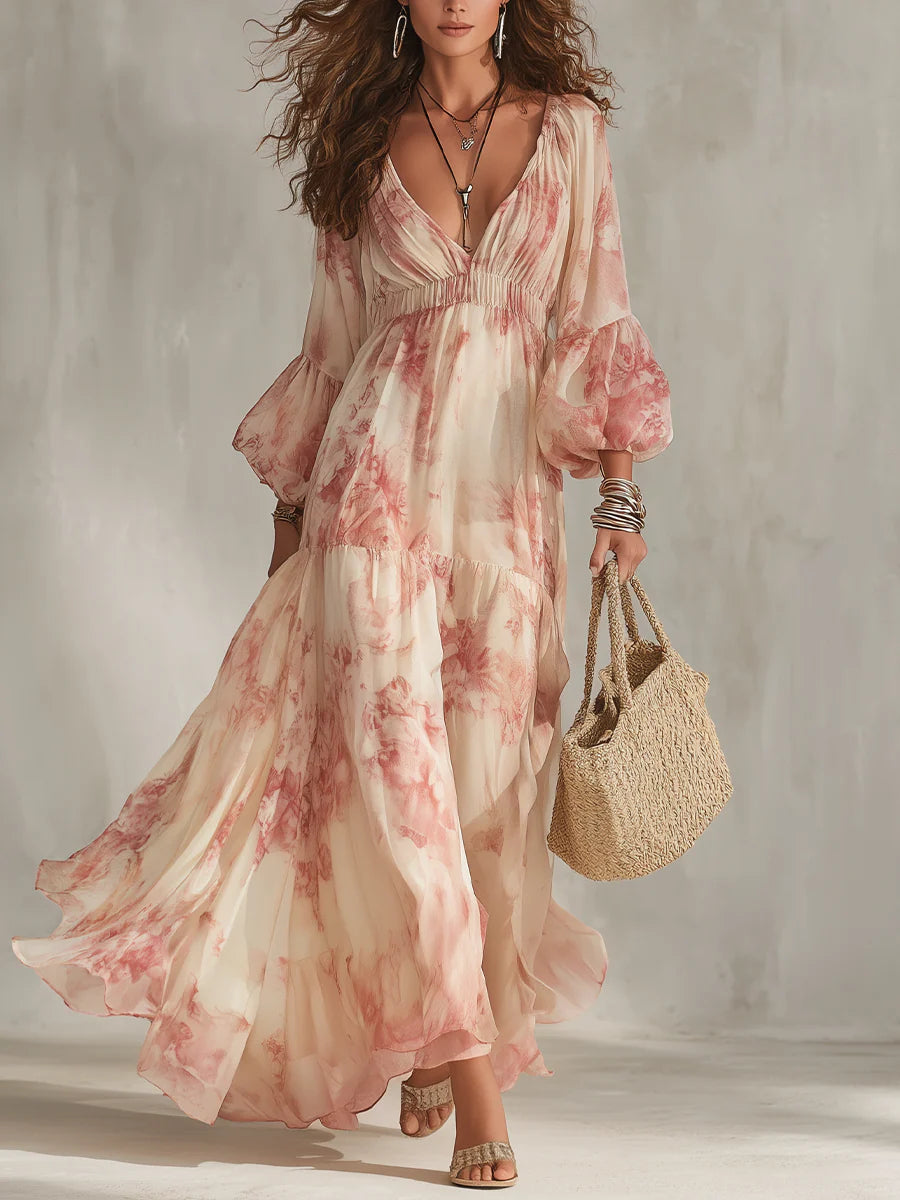 Beige V-neck Floral Print Puff sleeve Flowy Maxi Dress
