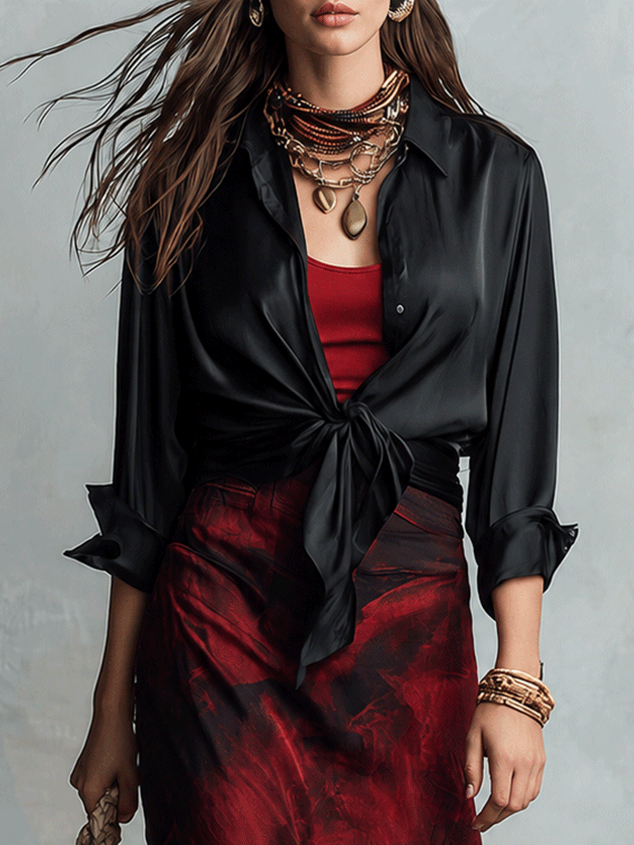 Chic Burgundy Tie-Dye Satin Maxi Skirt Black Satin Tie-Front Blouse Set