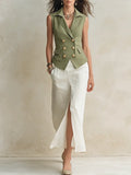 Safari Chic Olive Linen Vest & White Slit Maxi Skirt Set