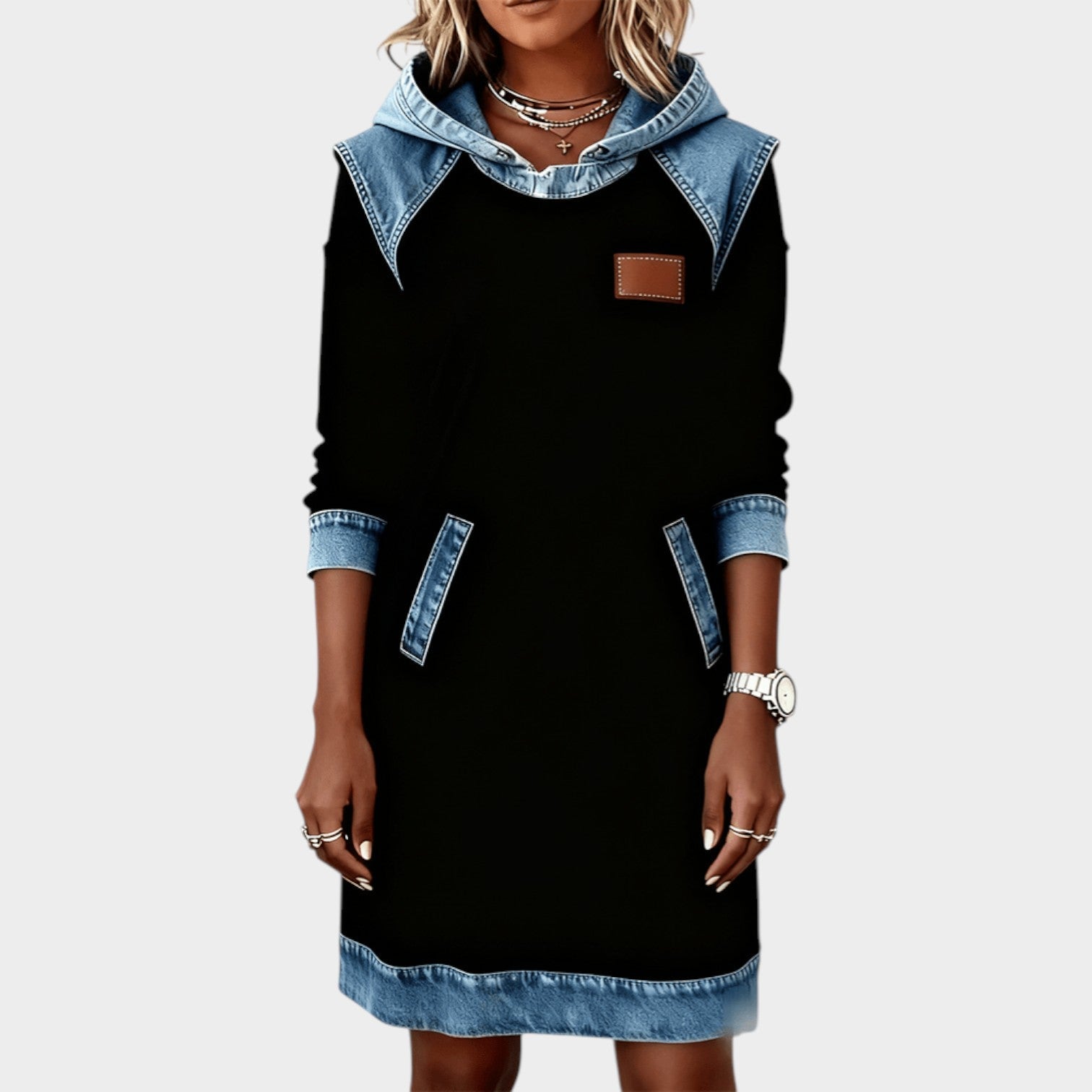Casual Denim Trim Hoodie Dress