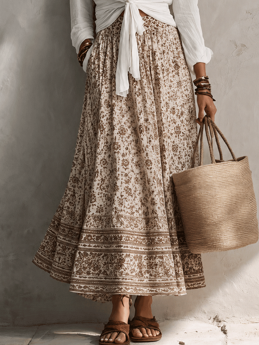 Effortless Coastal Romance Tie-Front White Shirt & Boho Maxi Skirt Ensemble