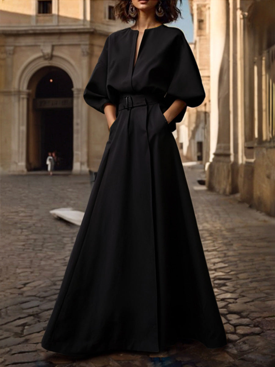 Half Sleeves Loose Belted Solid Color Deep V-Neck Maxi Dresses
