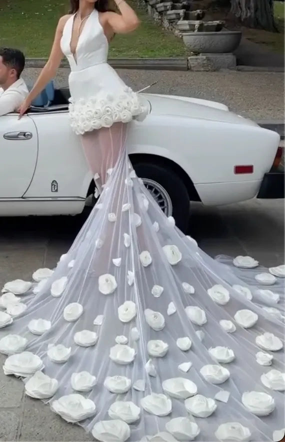 Halter Deep V Backless 3D Rose Peplum Tulle Mermaid Wedding Dress, White Floral Appliqué Oversized Train Bridal Gown