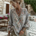 Women's Vintage Pink Floral Embroidered Art V-neck Long Sleeve Blouse