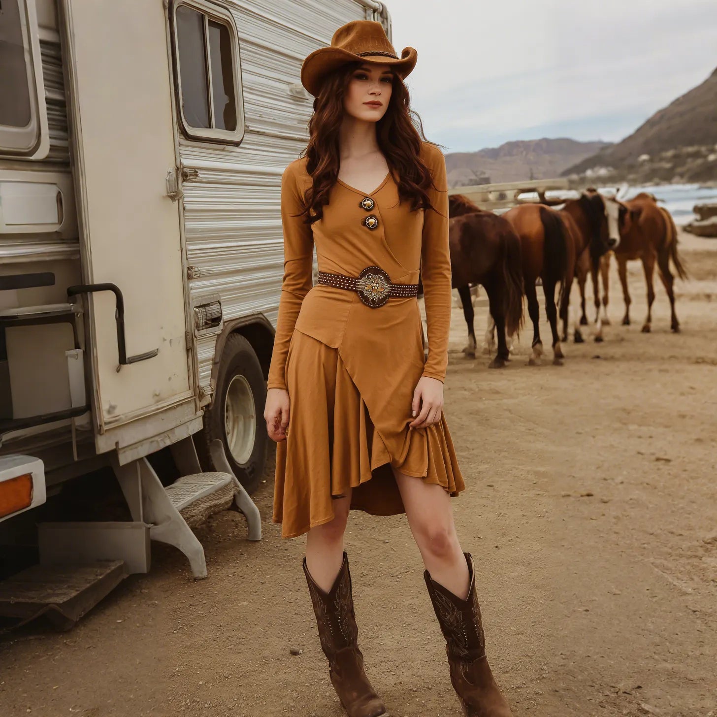 Women's Retro Western Style V-Neck Long Sleeve Dress