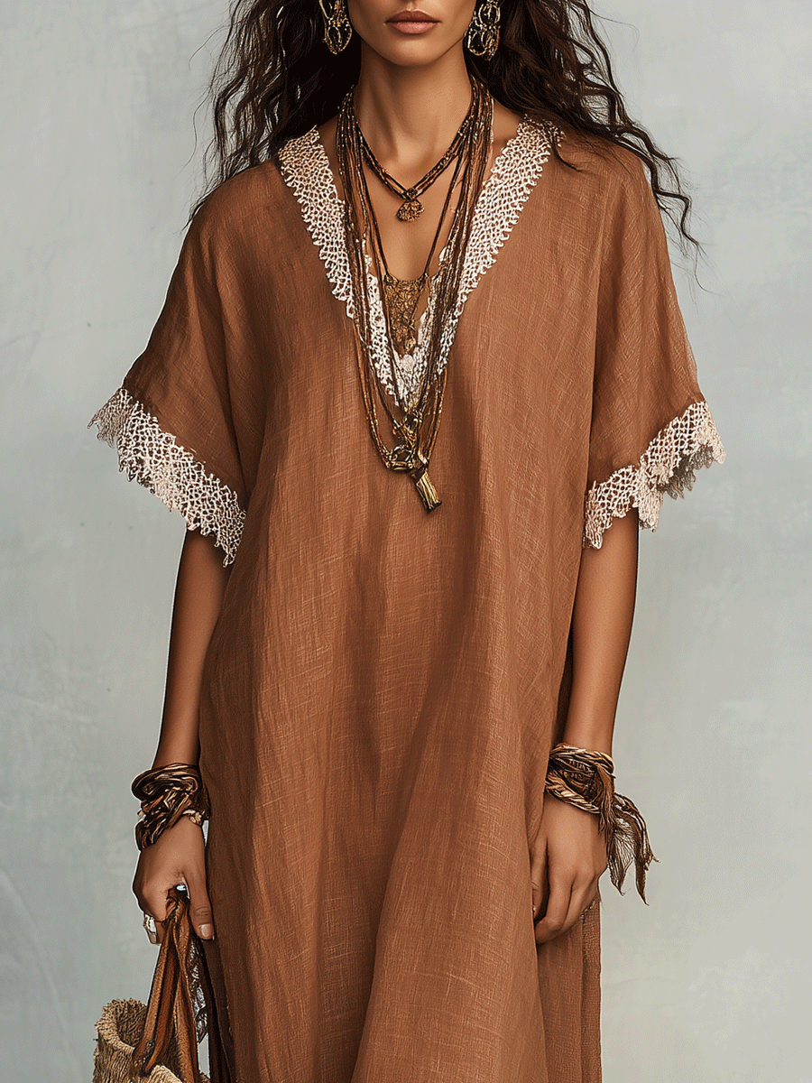 Effortless Coastal Elegance Earth-Tone Linen Blend Kaftan Maxi Dress