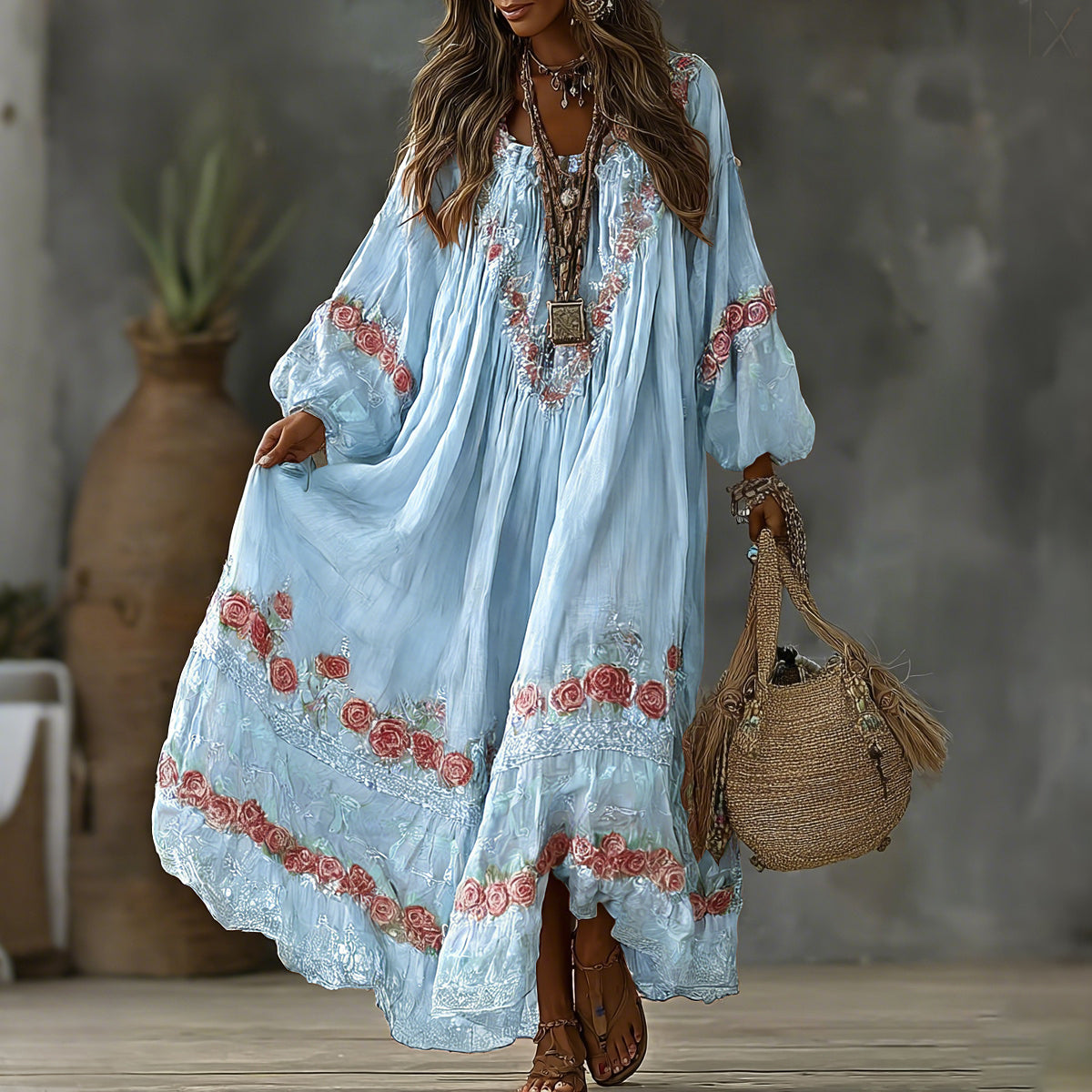 Women's Vintage Floral Art Print Flowy Linen Blend Casual Long Sleeve Maxi Dress