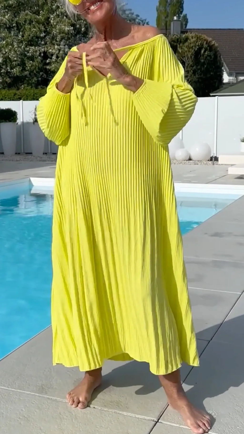 Bright Yellow Pleated Off‑Shoulder Midi Dress