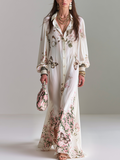 Romantic White Butterfly Floral Print Maxi Shirt Dress