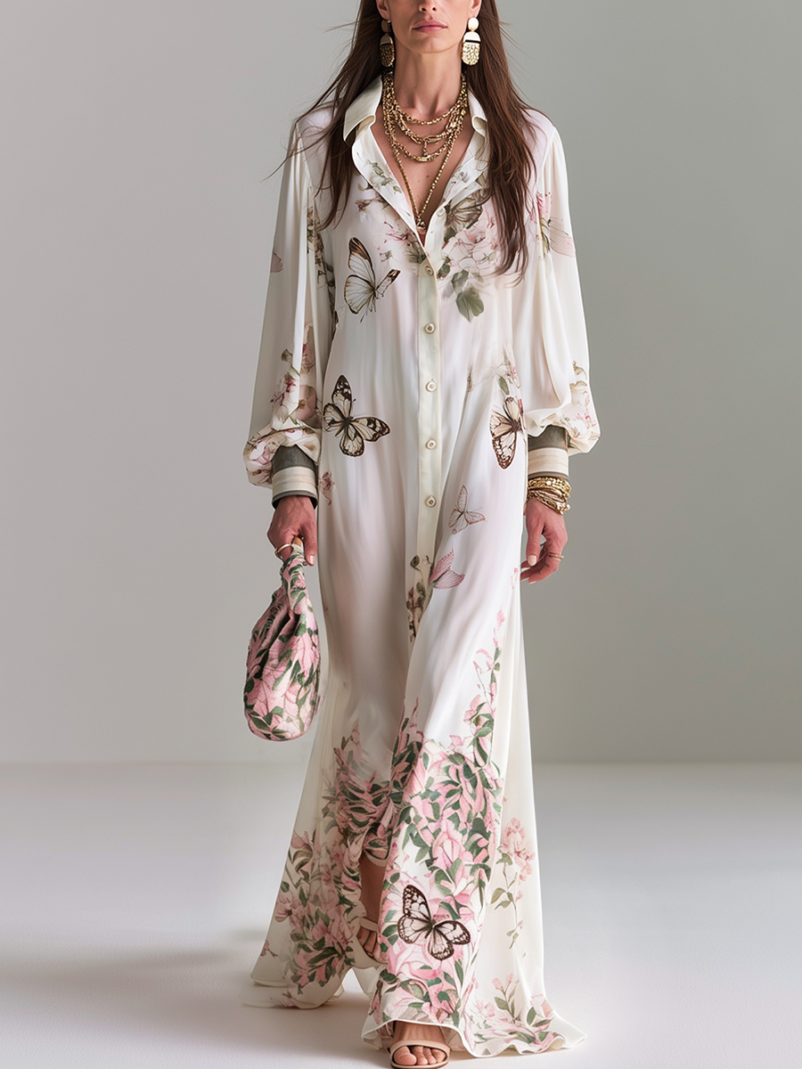 Romantic White Butterfly Floral Print Maxi Shirt Dress