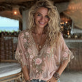 Women's Vintage Pink Flower Embroidery Art Linen Blend T-shirt