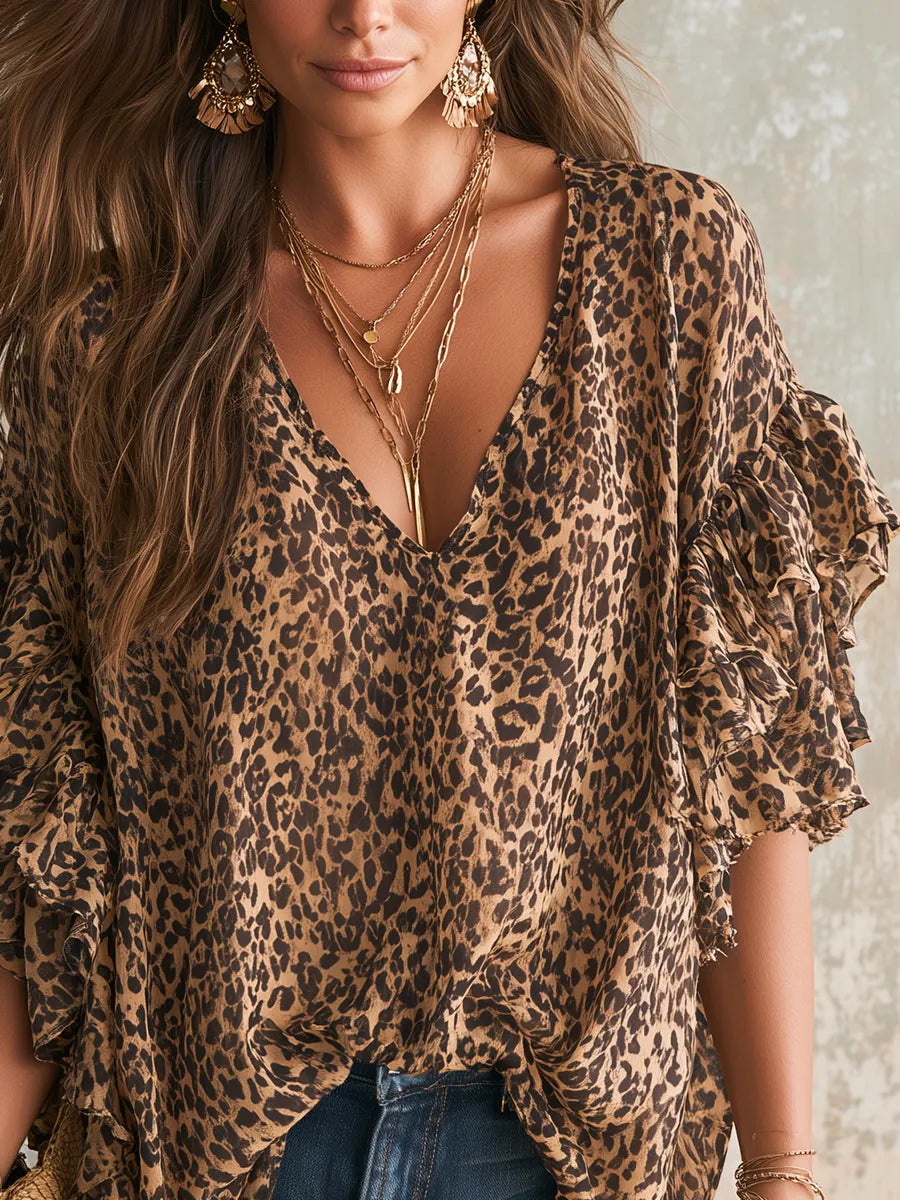 Lightweight Bohemian Leopard Print Ruffle Sleeve Top
