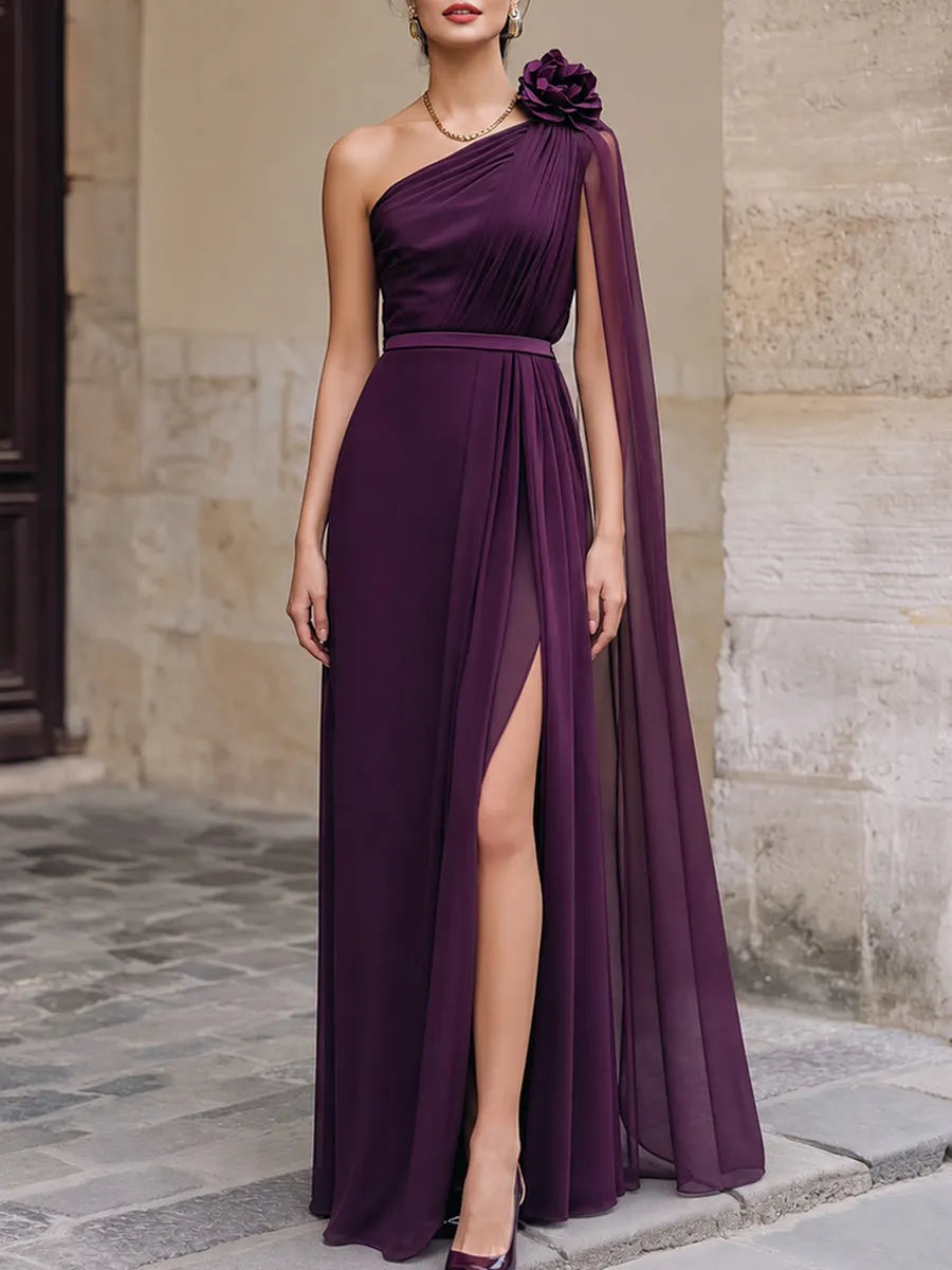 One-Shoulder Floral Detail Chiffon Evening Gown