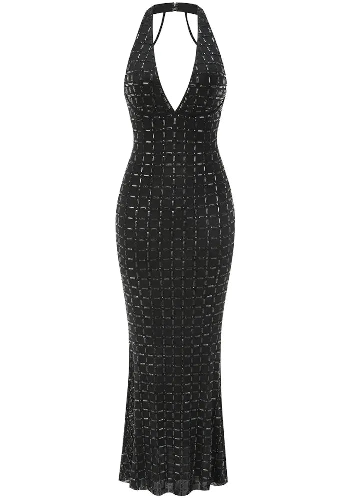 Halter Bustier Embellished Maxi Dress Black
