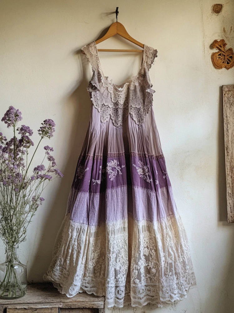 Boho Lavender Embroidered Pattern Lace Linen Dress