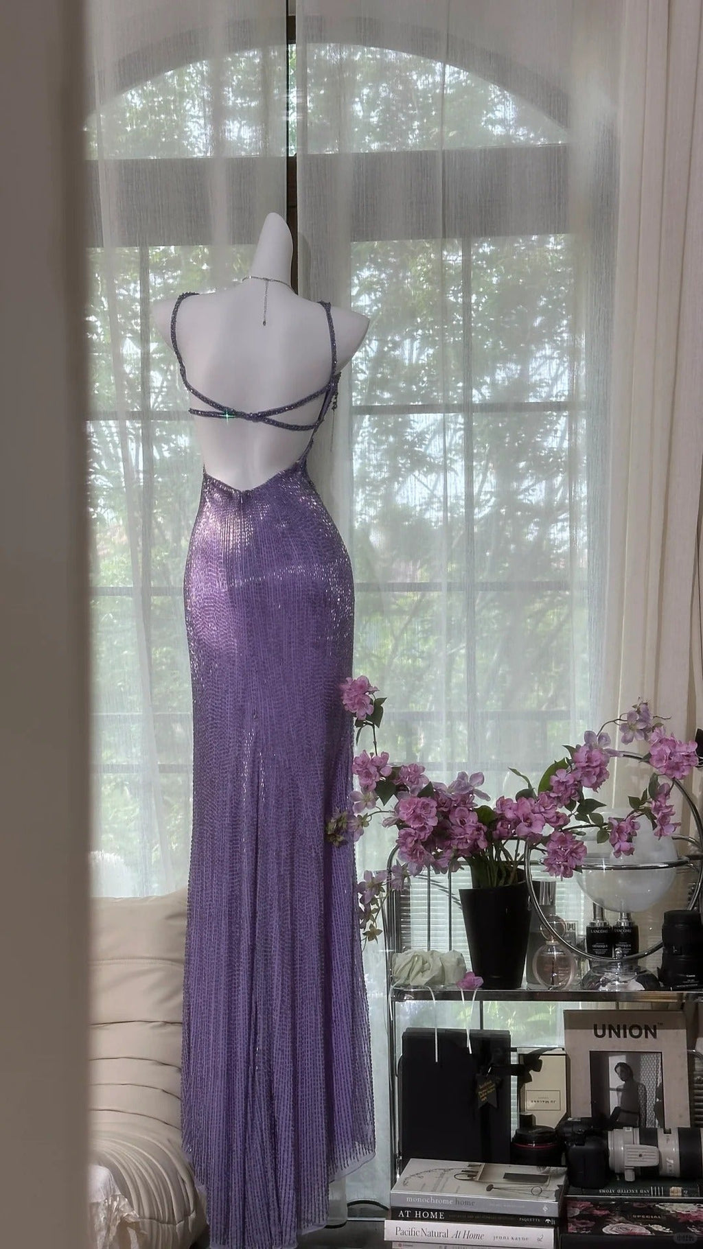 Purple Shiny Gorgeous Luxury Sequin Heavy Spaetti Strap Long Butterfly Decoration Sequin Chiffon Ball Gown Evening Gown Party Dress 4175