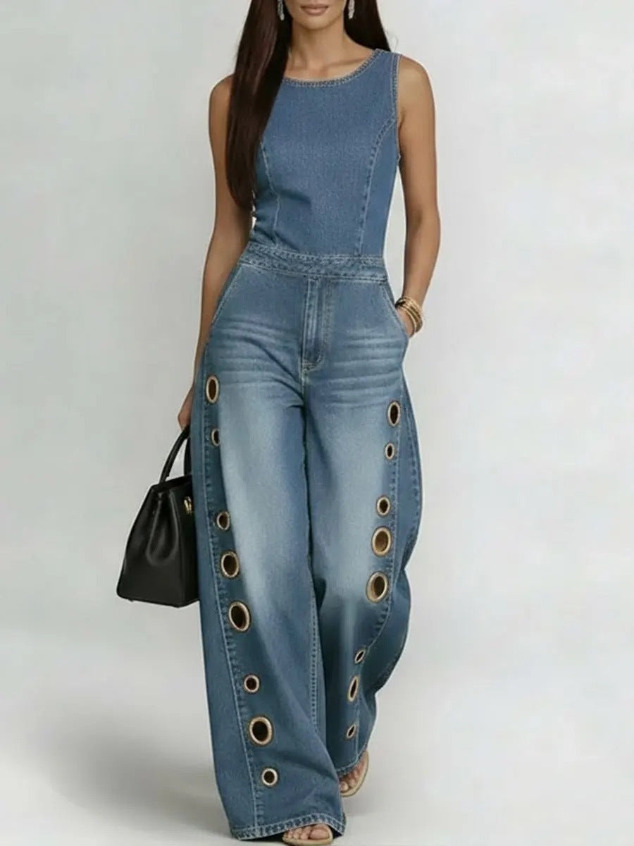 Women's Grommet Detail Wide-Leg Jumpsuit - Bold High-Waisted Sleeveless Streetwear One-Piece