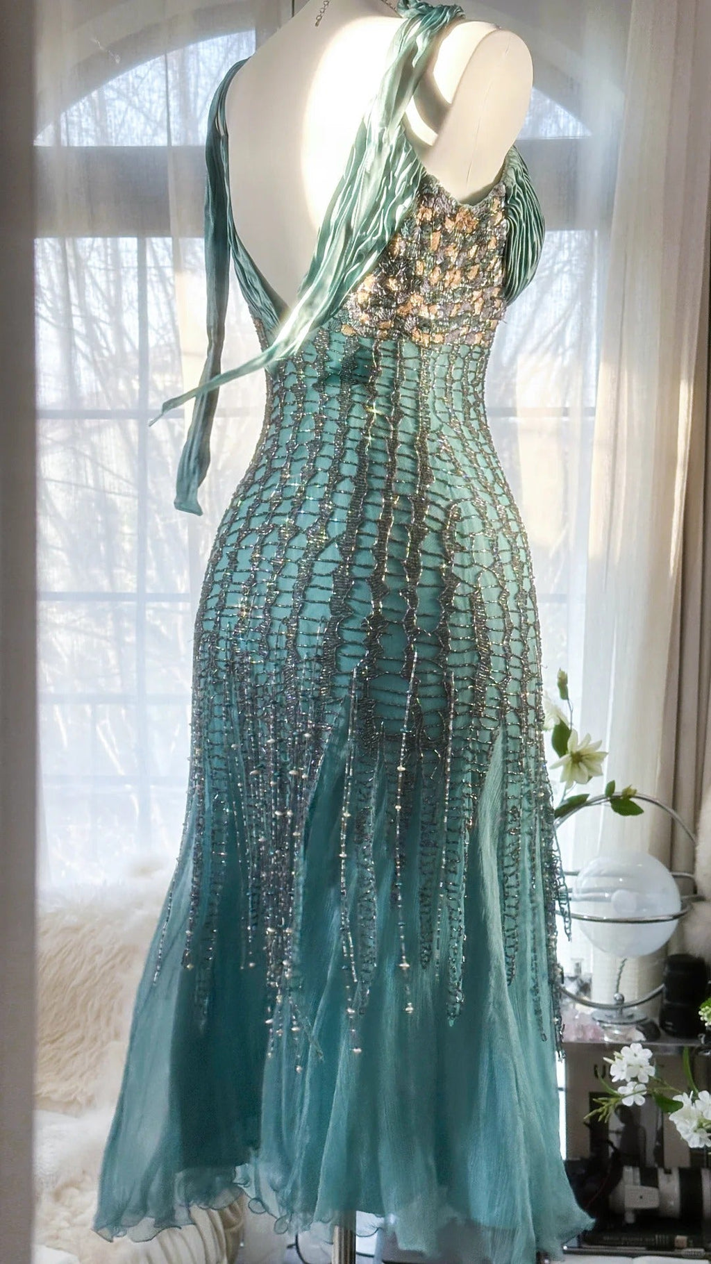 Green Luxury Gorgeous Retro Fashion Exquisite Tassel Beaded Mid-Length Chiffon Ball Gown Birthday Party Dress Evening Dress Prom Dress 3973