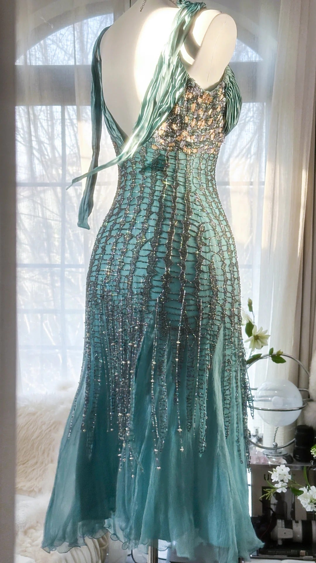 Green Luxury Gorgeous Retro Fashion Exquisite Tassel Beaded Mid-Length Chiffon Ball Gown Birthday Party Dress Evening Dress Prom Dress 3973