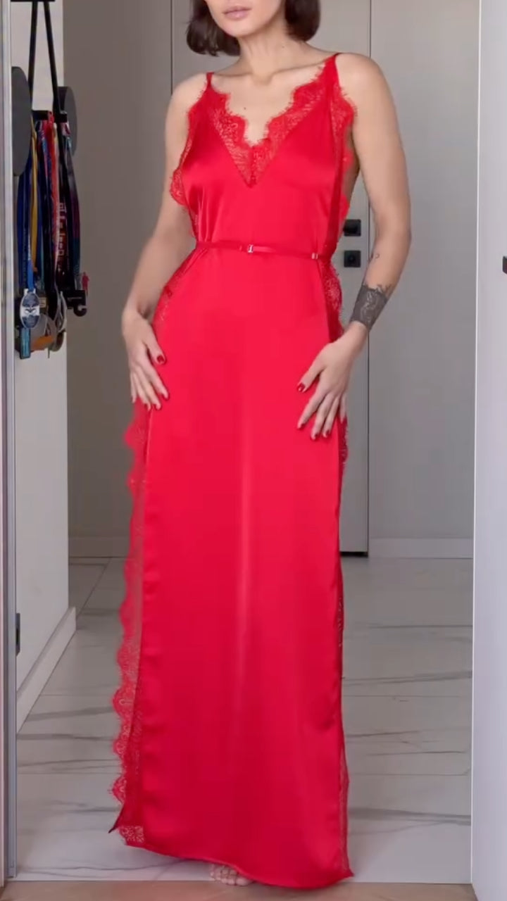 V Neck Satin Lace Trim Maxi Dress
