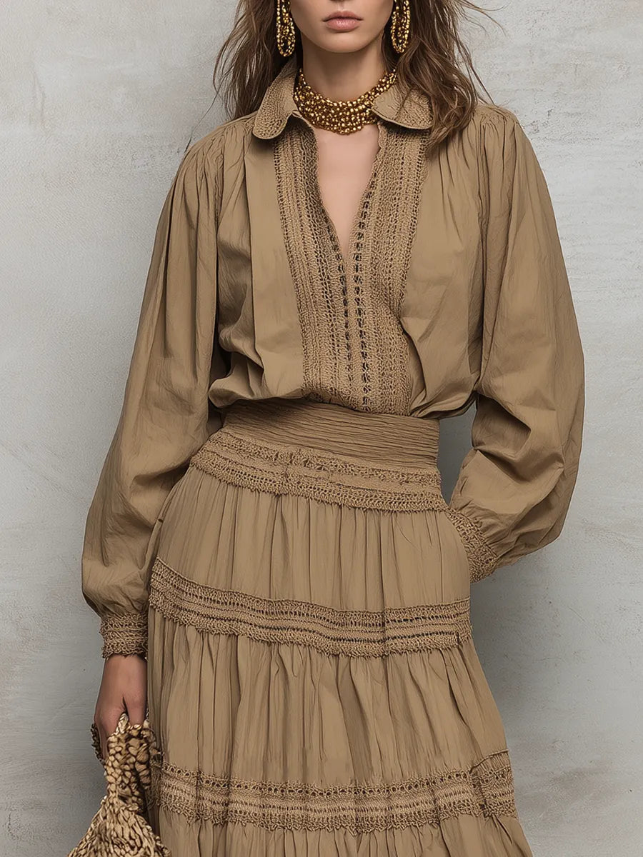 Graceful Khaki Lace Trim Skirt Set