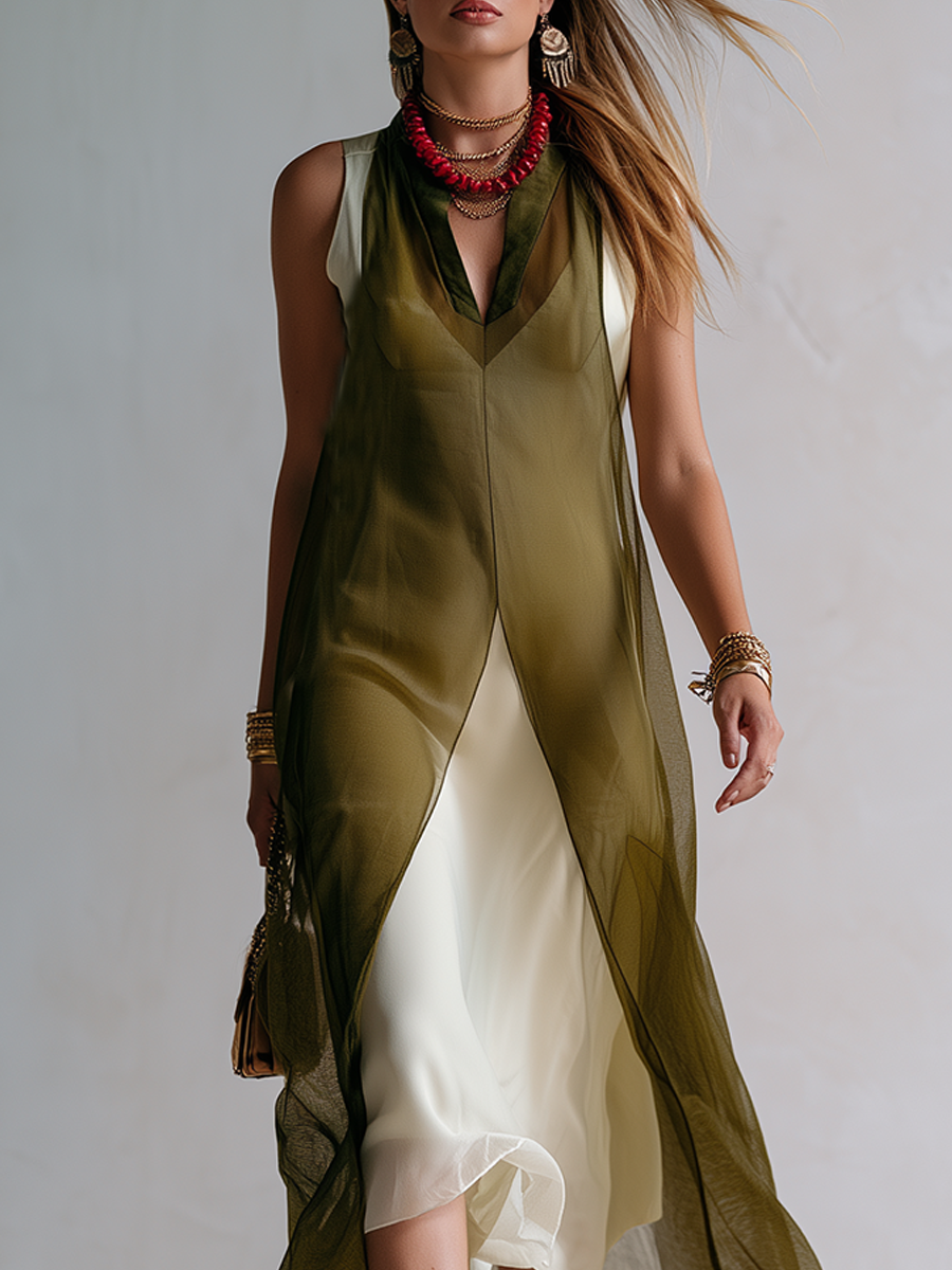 Bohemian Olive Green Sheer Overlay Contrast Layer Maxi Dress
