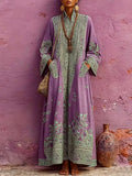 Women's Casual Loose Cotton-linen Dress With Placement Print Stand Collar And Long Sleeves