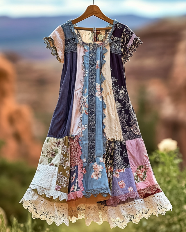 Vintage Floral Lace Patchwork Short Sleeve Dress 26af