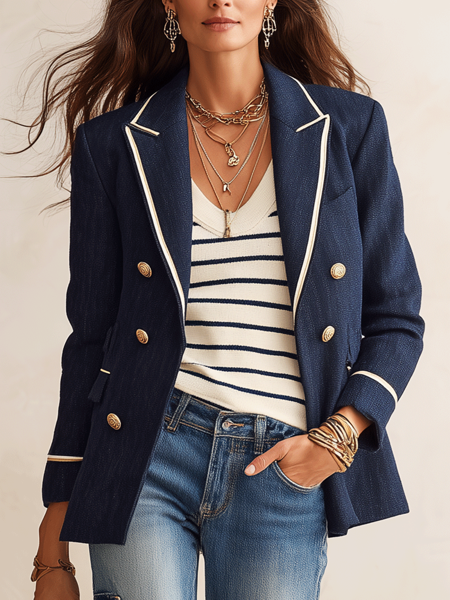 Effortless Chic Linen-Blend Notch-Lapel Gold-Button Navy Tailored Blazer