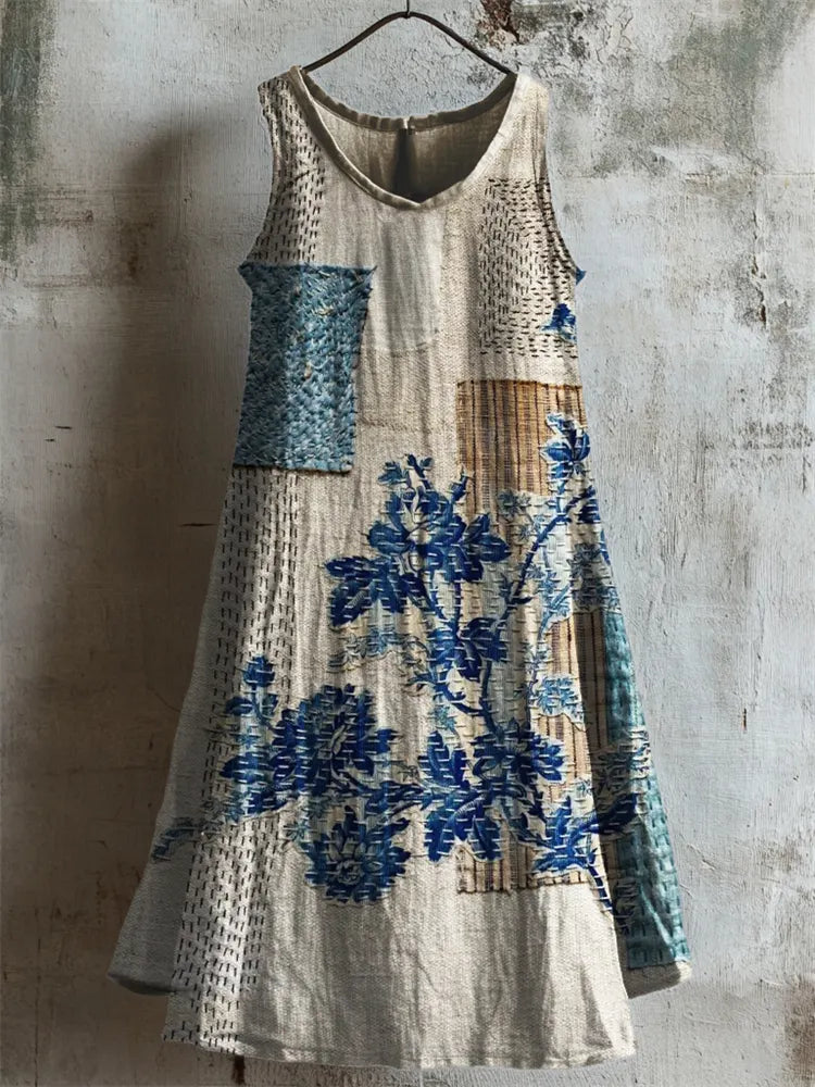 Vintage Classy Floral Textile Linen Tank Dress b0f6