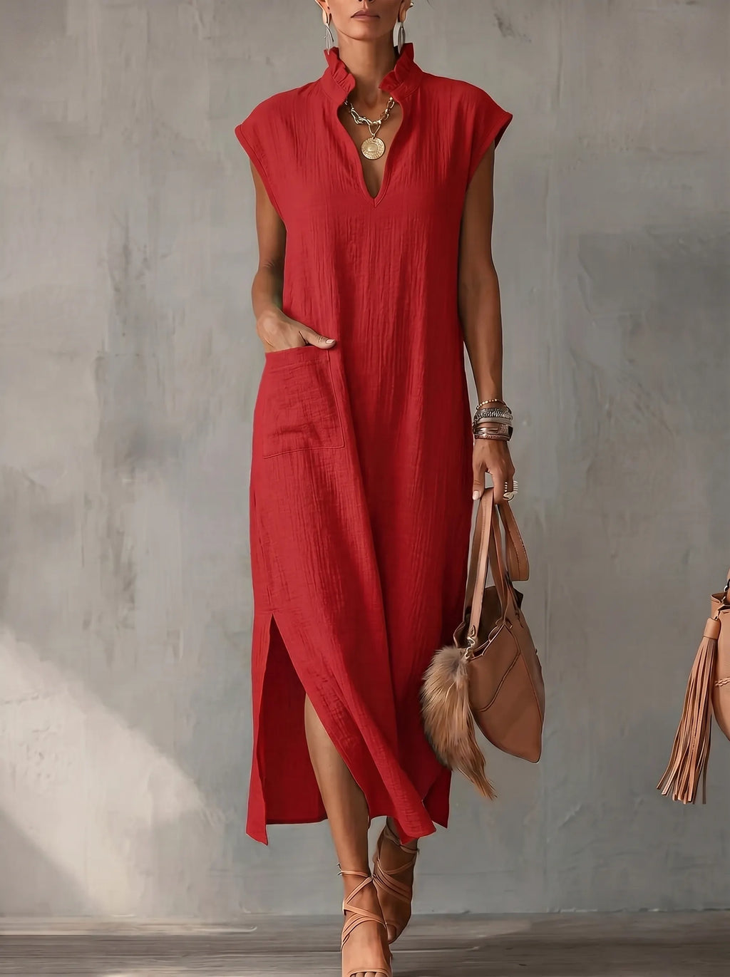 Pockets Ruffle Trim Solid Color Split-side Loose Sleeveless Stand Collar Midi Dresses