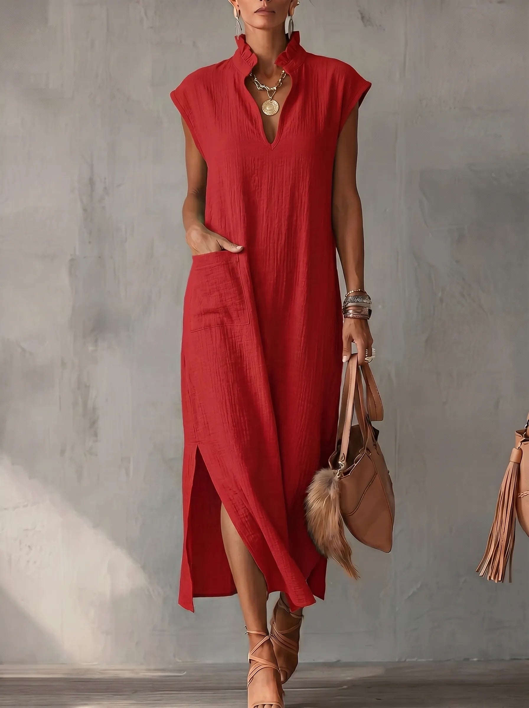 Pockets Ruffle Trim Solid Color Split-side Loose Sleeveless Stand Collar Midi Dresses