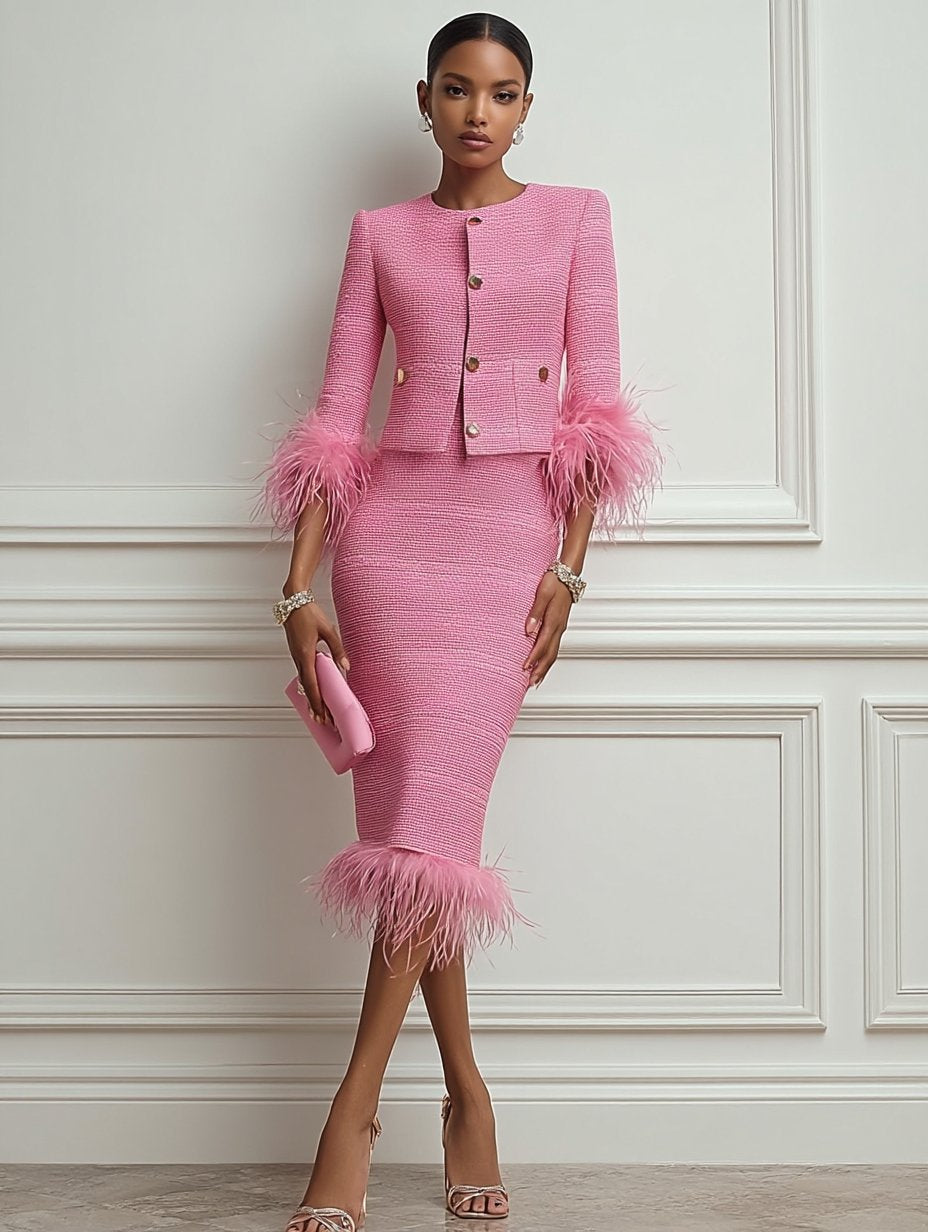 Women Tweed Rose Red Feather-trimmed Buckle Crew Neck Three Quarter Sleeve Dressy Coat With Skirt Two-Piece Set