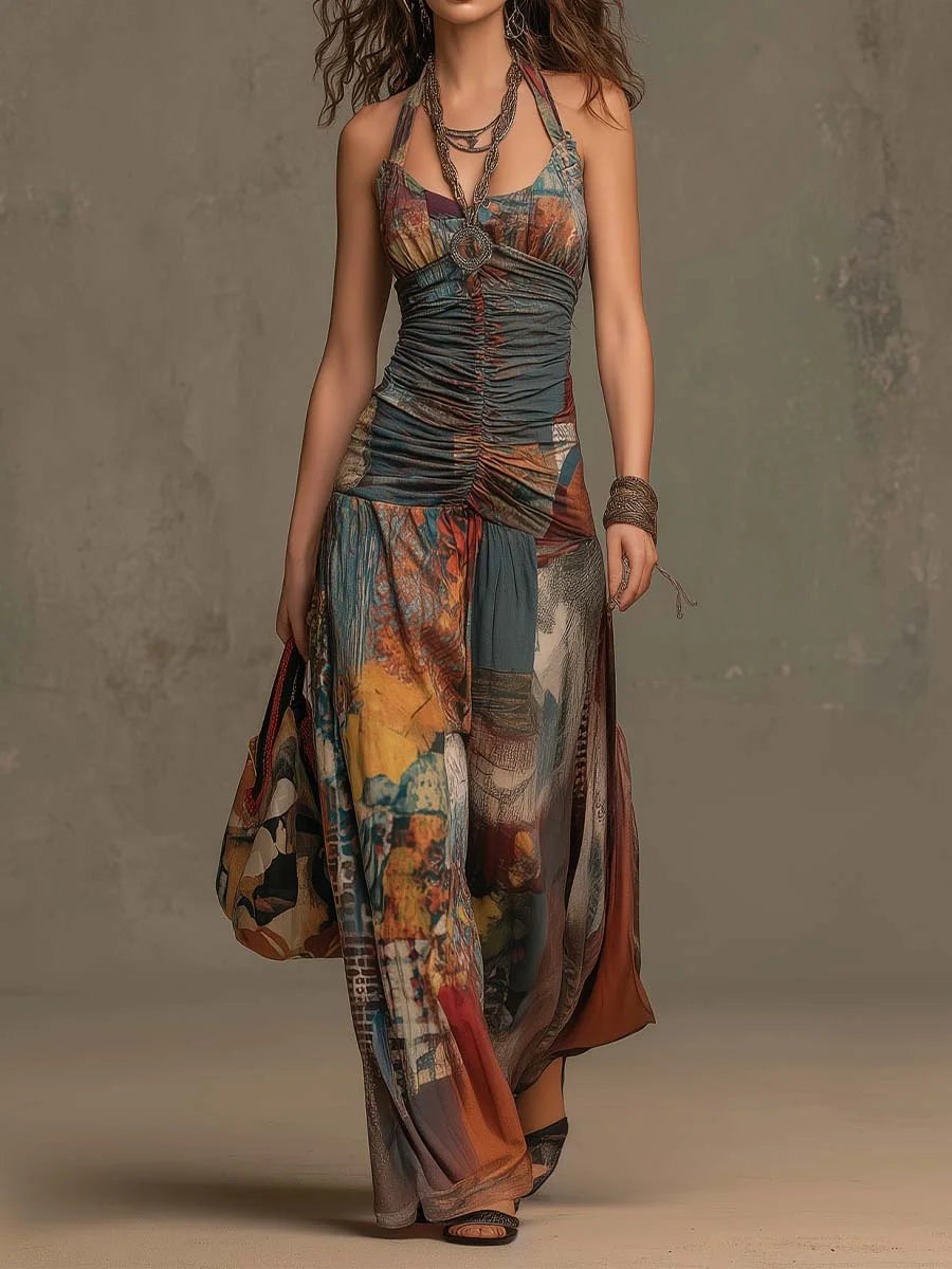 Mixed Cotton Oil Painting Print Halter Neck Front-ruched High-waist High-stretch Draping Wide-leg Jumpsuit