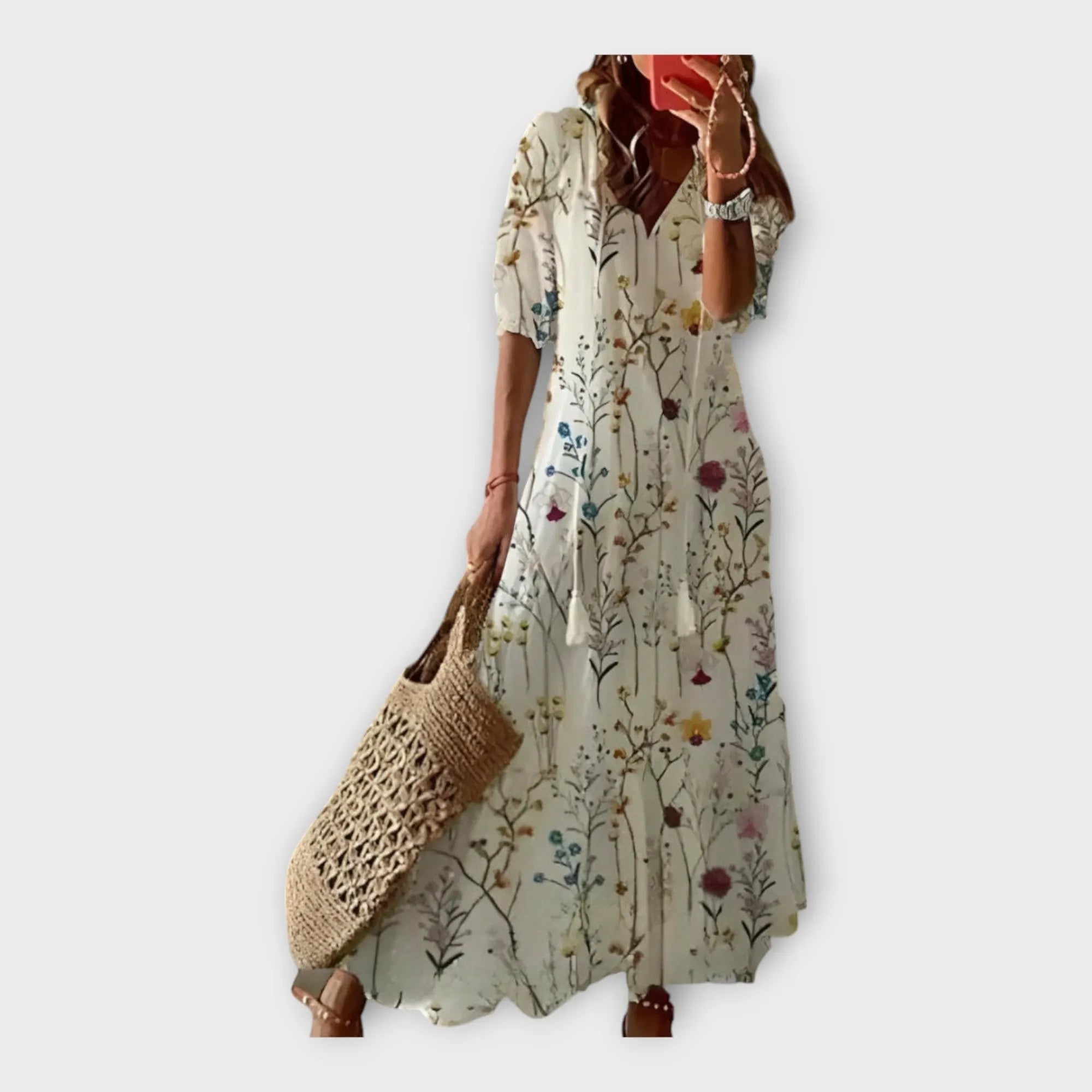 Vintage Dress with Embroidery and V Neckline