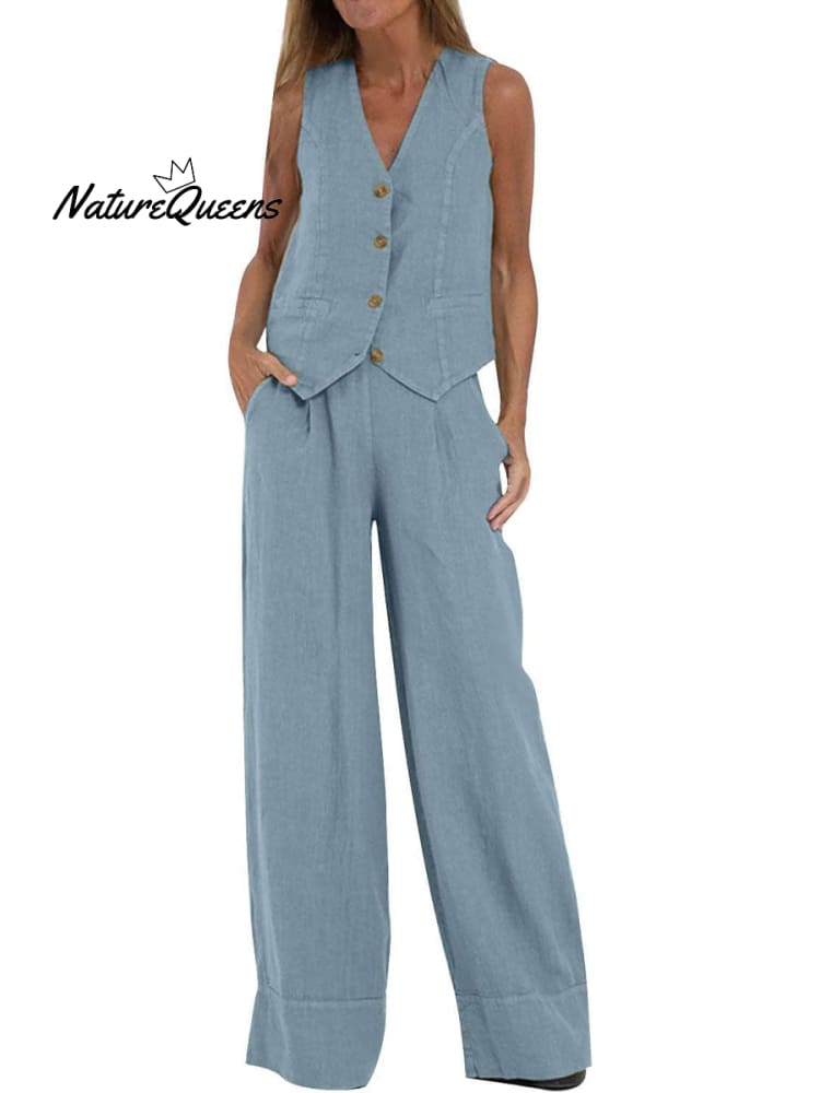 Women's Fashion Solid Color Vest Trousers Collage Stitching Cotton and Linen Casual Suit
