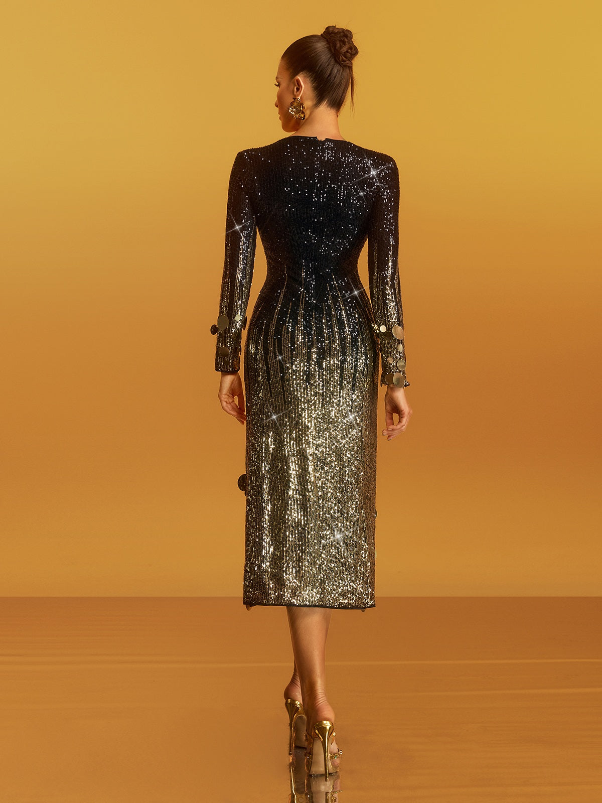 Aistulf Long Sleeve Round Sequin Midi Dress