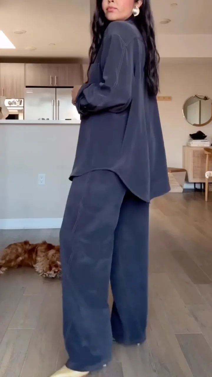 Navy Oversized Shirt & Wide‑Leg Pants Co‑Ord Set