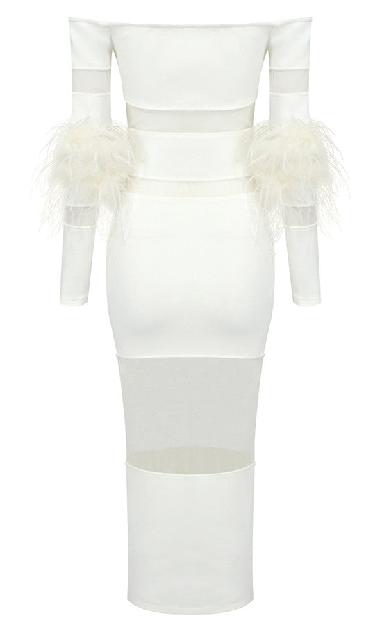 Feather Long Sleeve Off Shoulder Midi Dress White