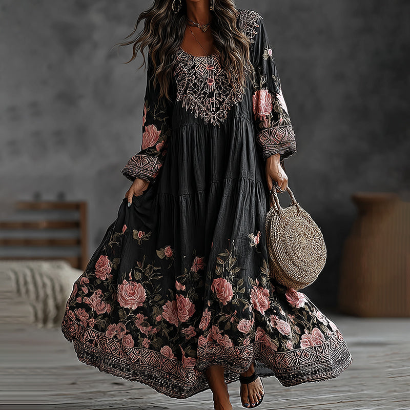 Women's Floral Art Flowy Linen Blend Casual Long Sleeve Maxi Dress