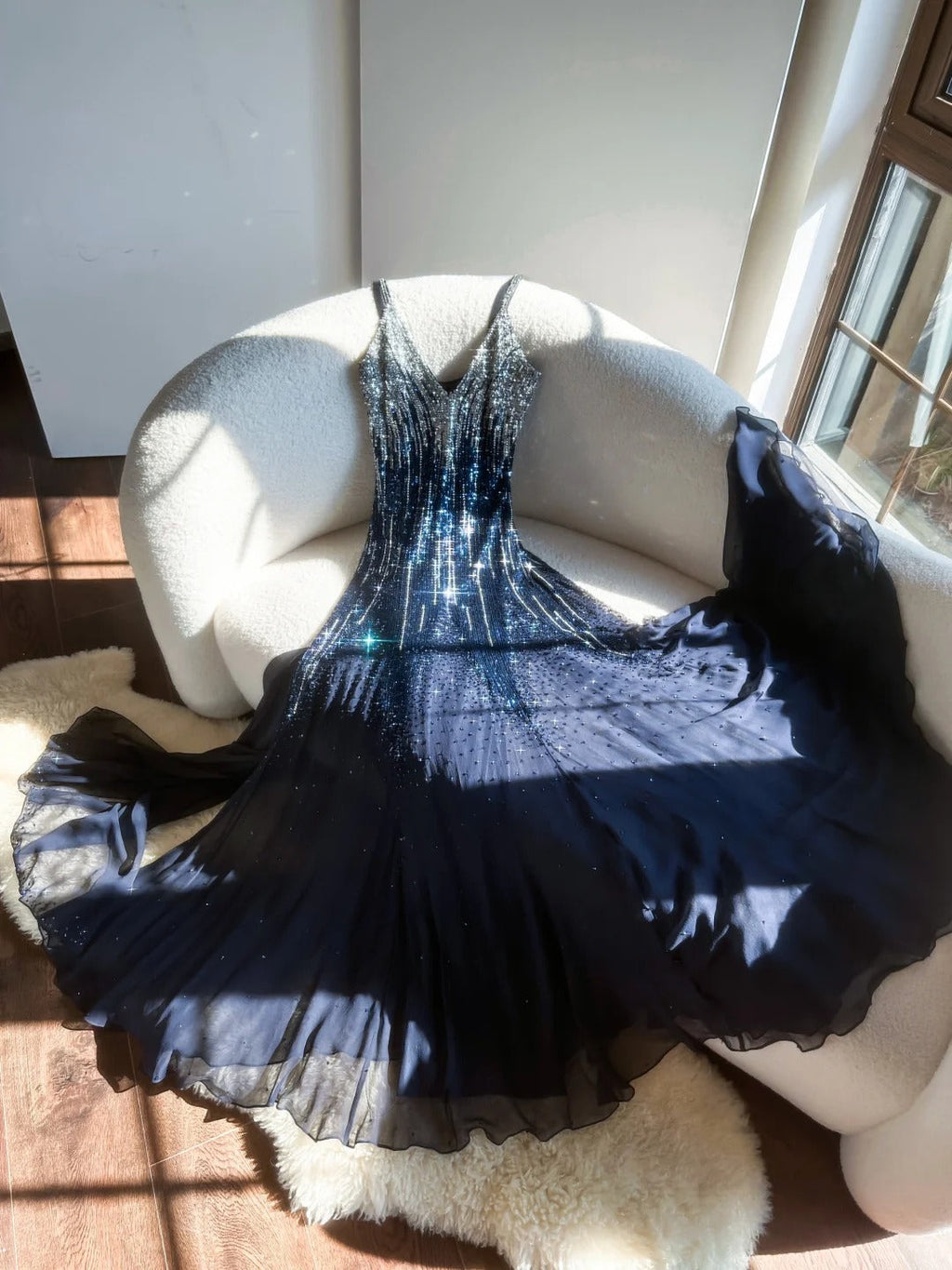 Blue Gorgeous Shiny Exquisite Beaded Spaetti Straps V Neck Long Sequined Chiffon Ball Gown Evening Dress Party Dress 4096