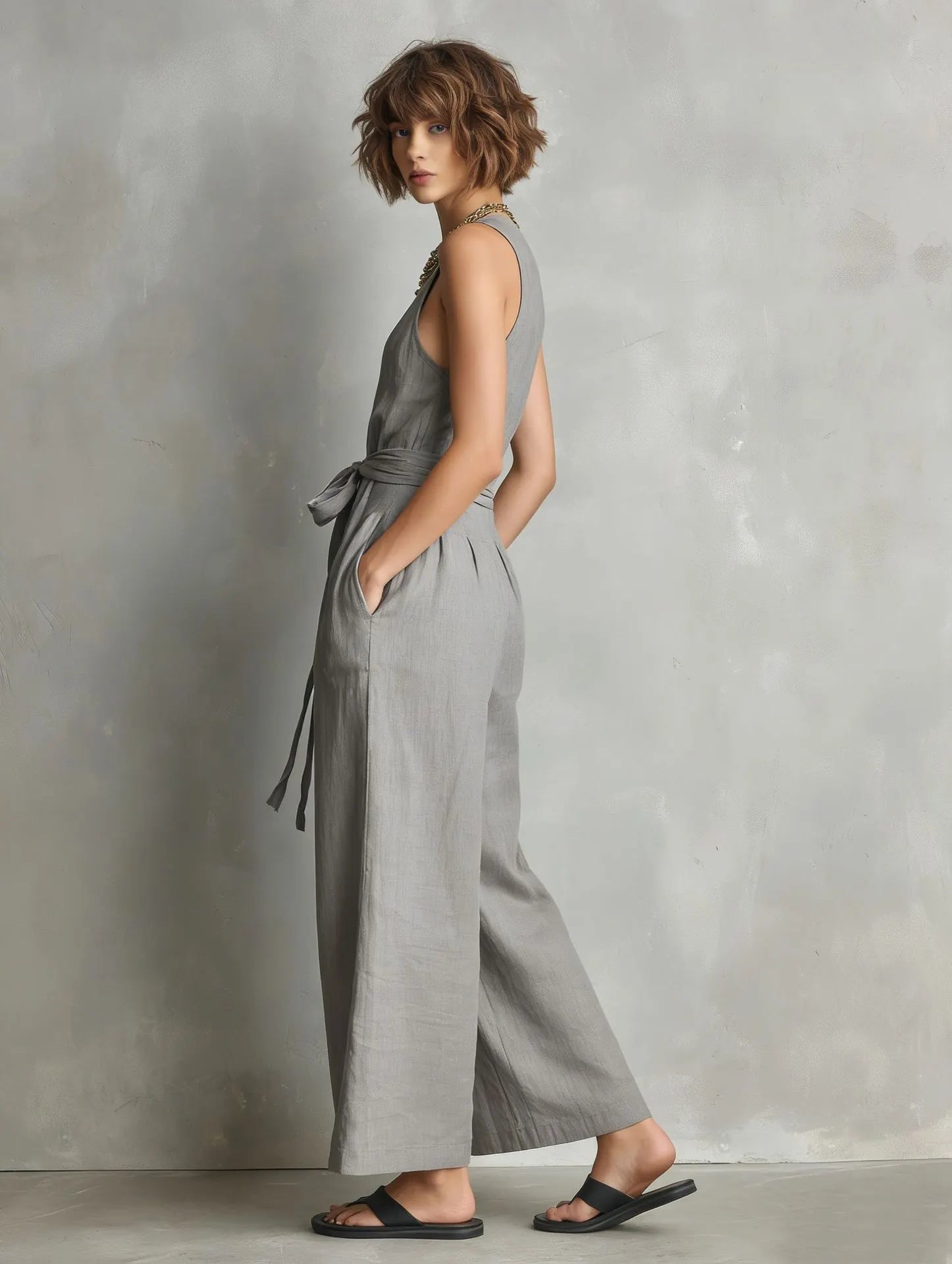 Gurtons Elegant Waist-Knot Jumpsuit - Sleeveless Wide-Leg One-Piece Quiet Luxury Set