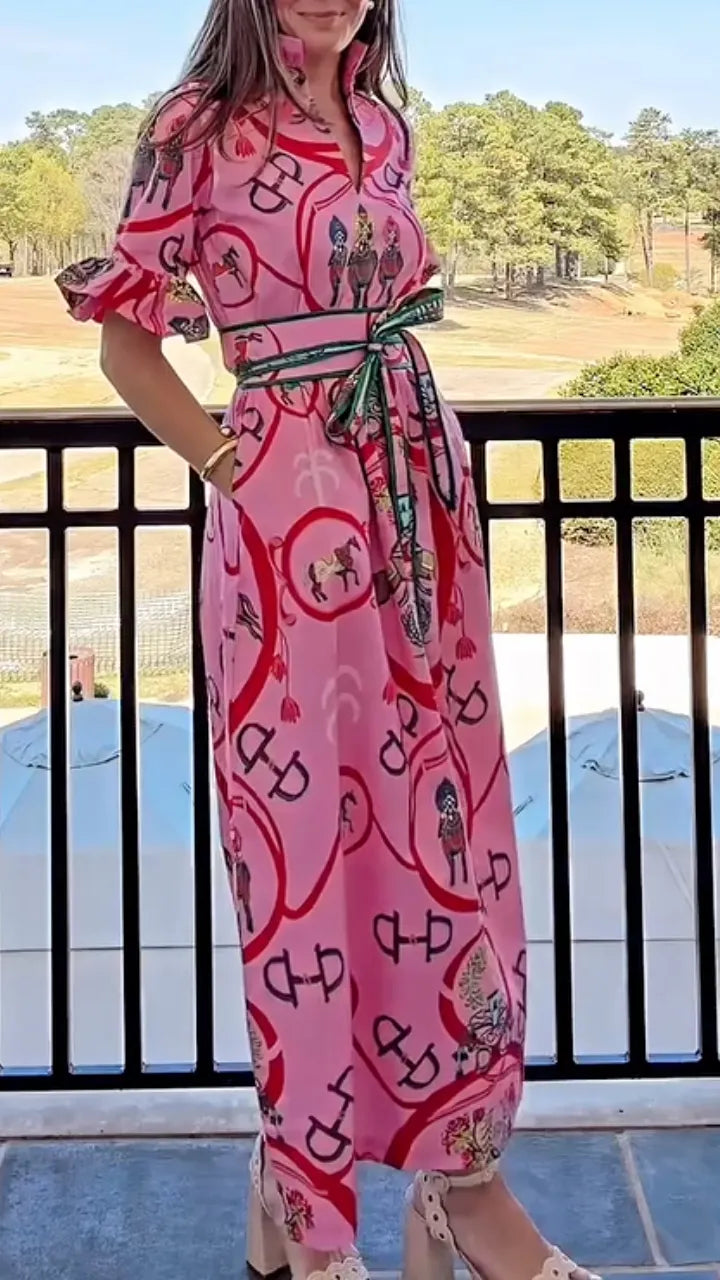 Women's Elegant V-Neck Dress with Ruffled Trim and Belt