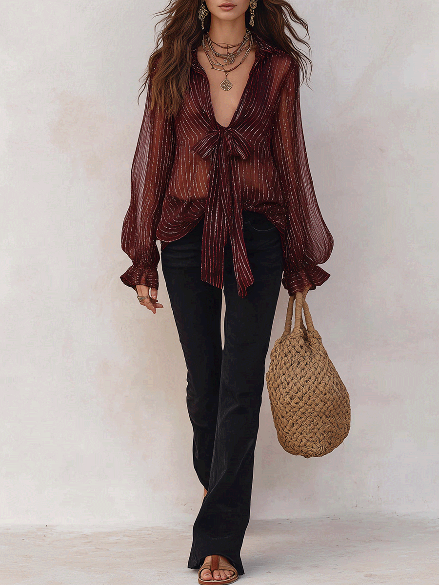 Bohemian Shimmer Stripe Resort Burgundy Tie-Front Blouse