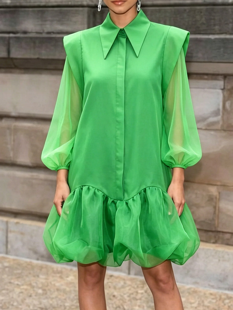Split-Joint Solid Color Elasticity Buttoned Loose Long Sleeves Lapel Mini Dresses