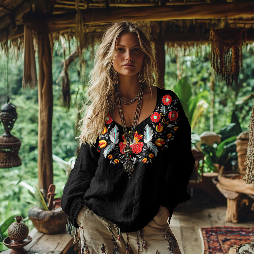 Vintage Bohemian Floral Embroidered Linen Shirt