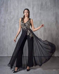 Sleeveless plunging embroidery floral black jumpsuit