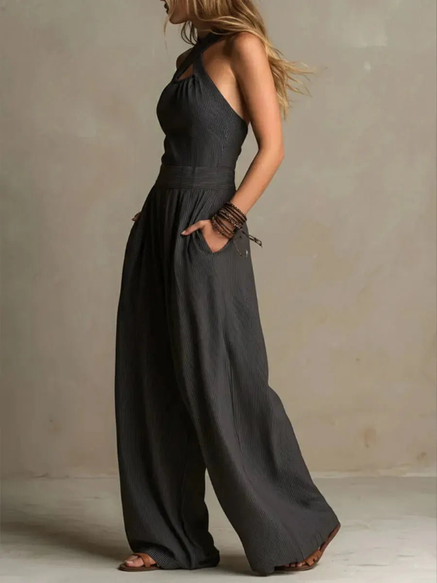 Women's Cross-neck Halter Design Cotton-linen Jumpsuit